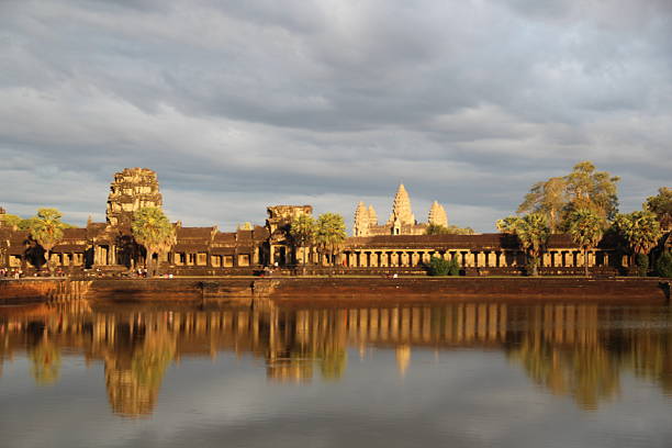 View of Angkor Wat at sunset stock photo