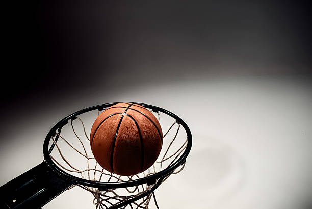istock Basketball board and  ball on gray background 590612126