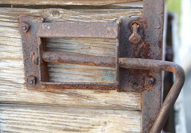 istock Old, vintage, wood with metal rivets. Background. 590612890