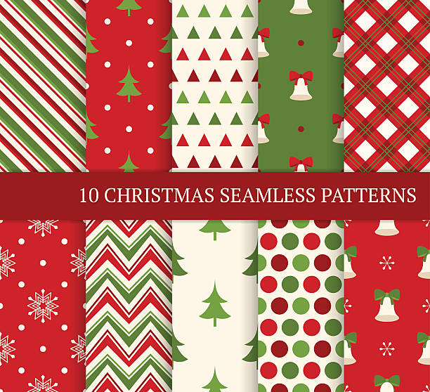 ilustraciones, imágenes clip art, dibujos animados e iconos de stock de diez diferentes patrones de navidad. - christmas pattern striped backgrounds