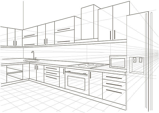 linear sketch interior kitchen linear sketch interior kitchen kitchen drawings stock illustrations
