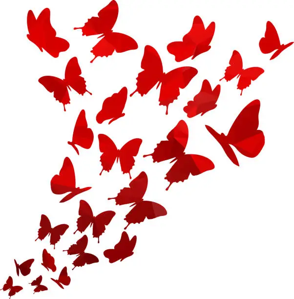 Vector illustration of Light red triangle polygon butterflies swirl. Flying elegant butterfly pattern.