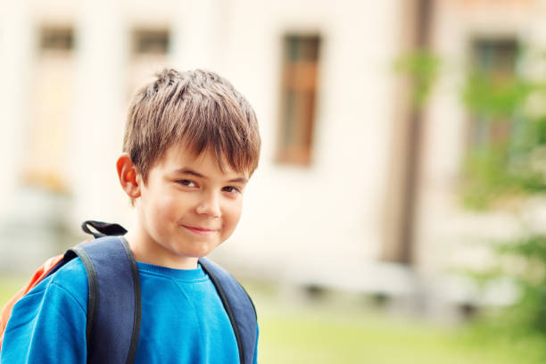 istock Boy with rucksack infront of a school building 590622432