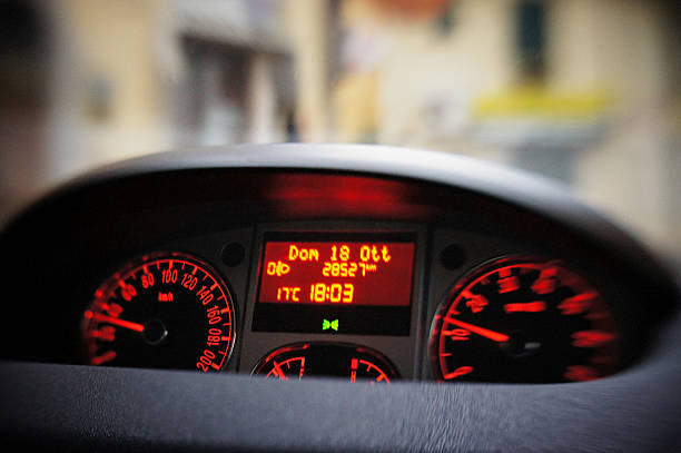 istock Speedometer and control panel of a car, POV 590625840