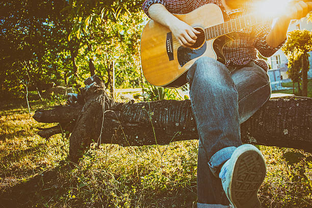 jouer des accords dans un sauvage - musical instrument nature outdoors musician photos et images de collection