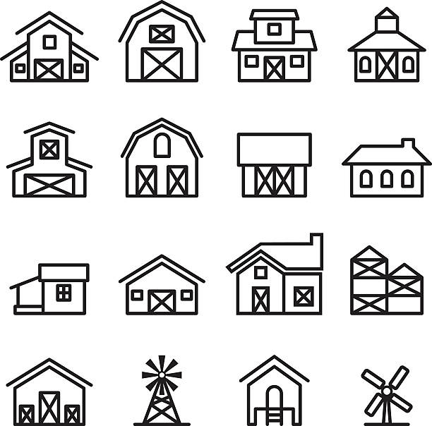 ilustrações, clipart, desenhos animados e ícones de celeiro & ícone de construção de fazenda em estilo linha fina - barn