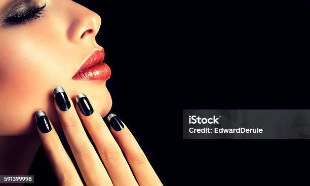 Frenchstyle Manicure On Nails And Red Lipstick Stock Photo - Download Image Now - Fingernail, Fashion Model, Women