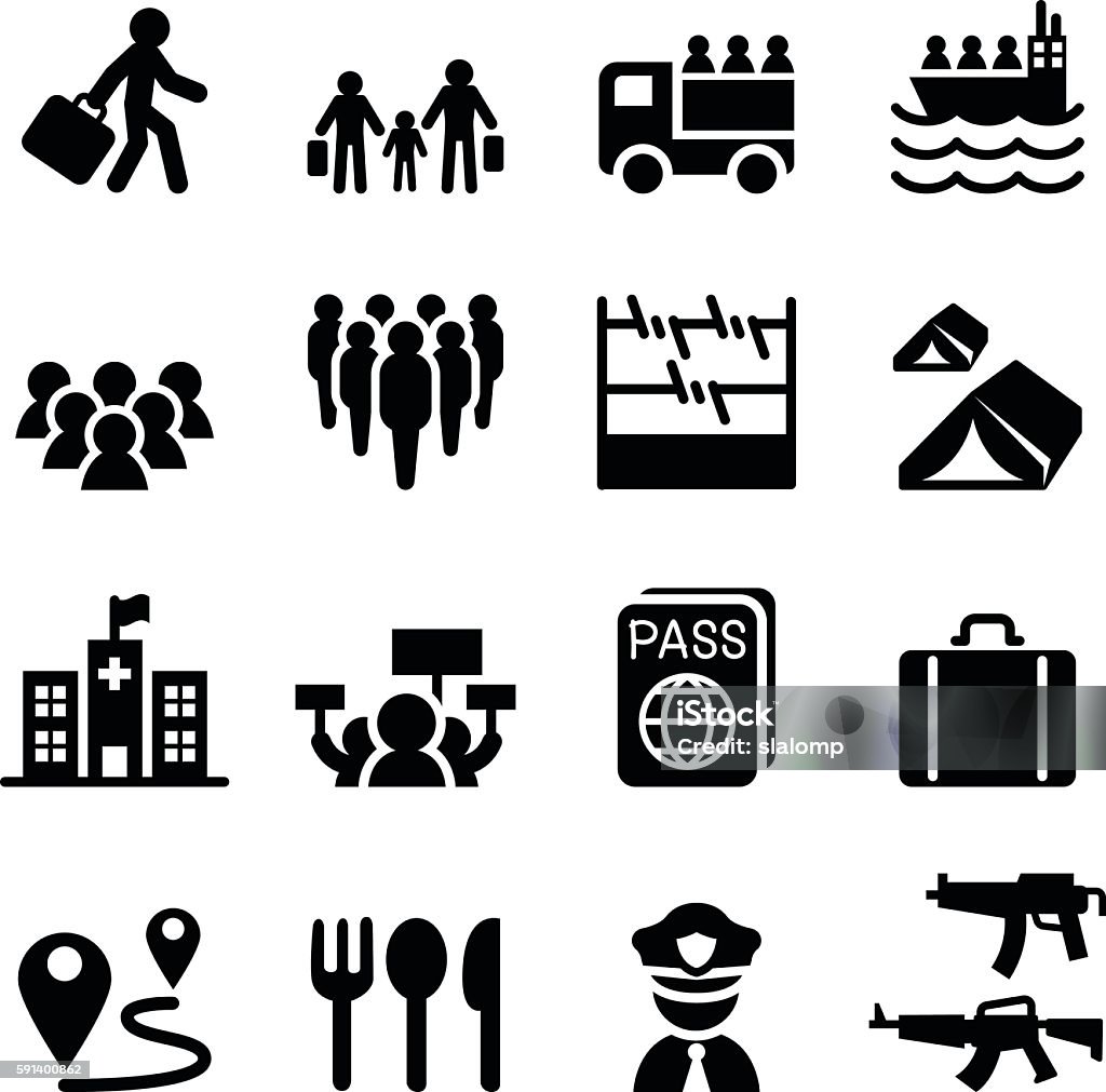 Refugee, immigrants, immigration icons set Icon Symbol stock vector