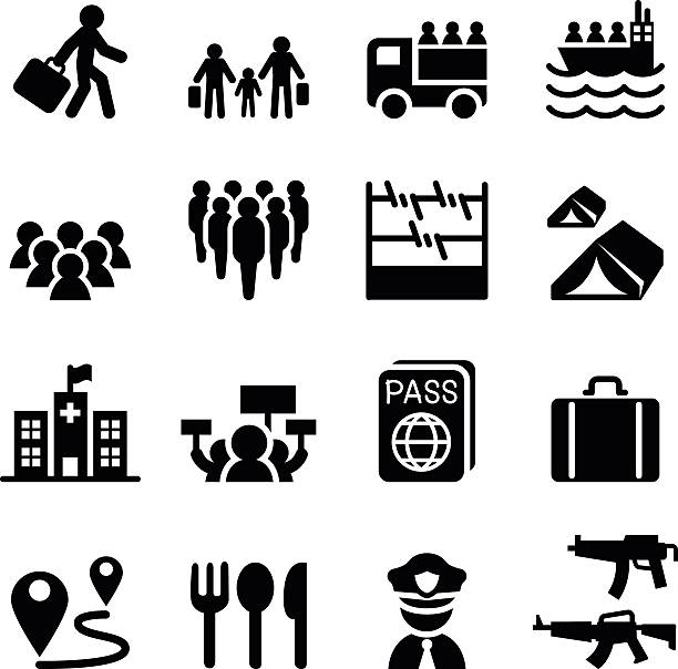 Refugee, immigrants, immigration icons set Refugee, immigrants, immigration icons set refugee camp stock illustrations