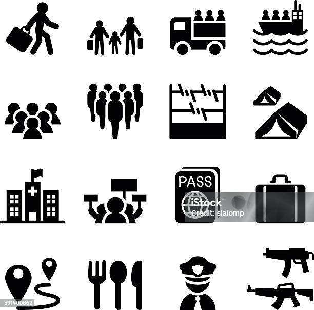 Refugee Immigrants Immigration Icons Set Stock Illustration - Download Image Now - Icon Symbol, Emigration and Immigration, Refugee