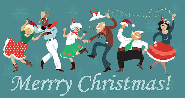 Christmas Square Dance Mature people dressed in traditional Western clothes dancing at Christmas Square Dance party, EPS 8 vector illustration line dance stock illustrations