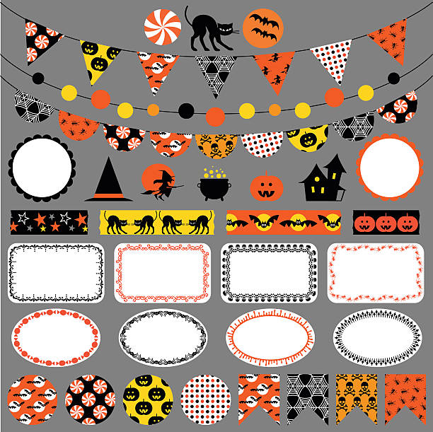 illustrazioni stock, clip art, cartoni animati e icone di tendenza di halloween bunting ed etichette - halloween witch domestic cat frame