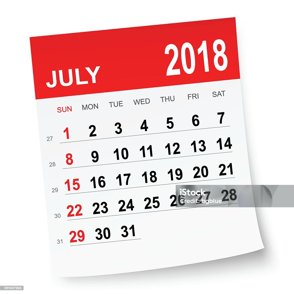 Kalender Juli 2018 Ilustrasi Stok - Unduh Gambar Sekarang - Bilangan, Bulan - Tanggal Kalender, Catatan Tempel - Istock