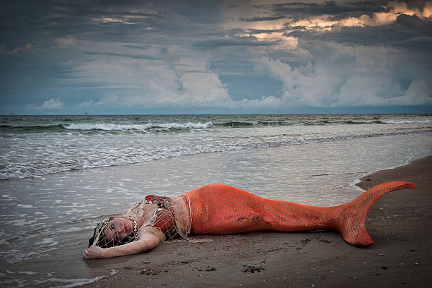 Exhausted Mermaid Lies On Shore At Atlantic Ocean Stock Photo