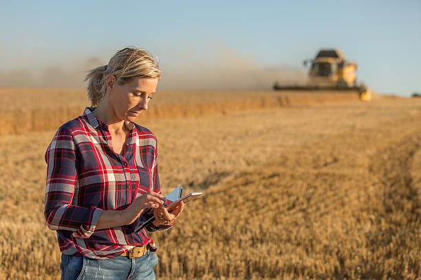 istock female farmer and combine harvester 591408874