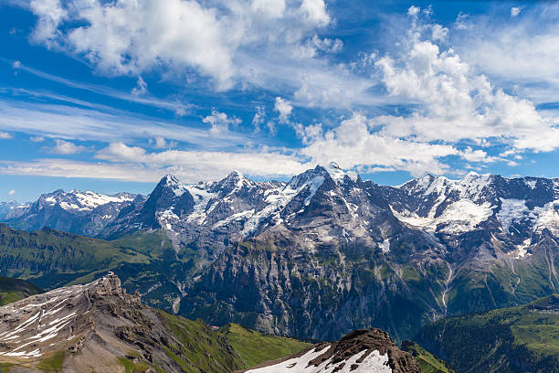 панорама of эйгер, мёнх и юнгфрау - aletsch glacier european alps mountain range eiger стоковые фото и изображения