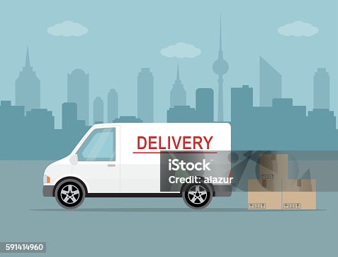 istock White delivery van on city background. 591414960