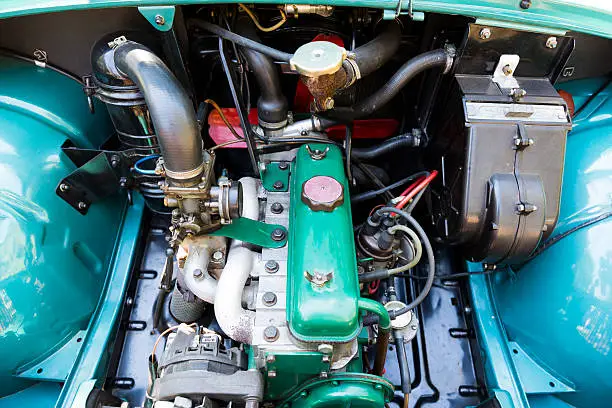 Retro automobile engine block. Detail of an attique car at a retro car parade.