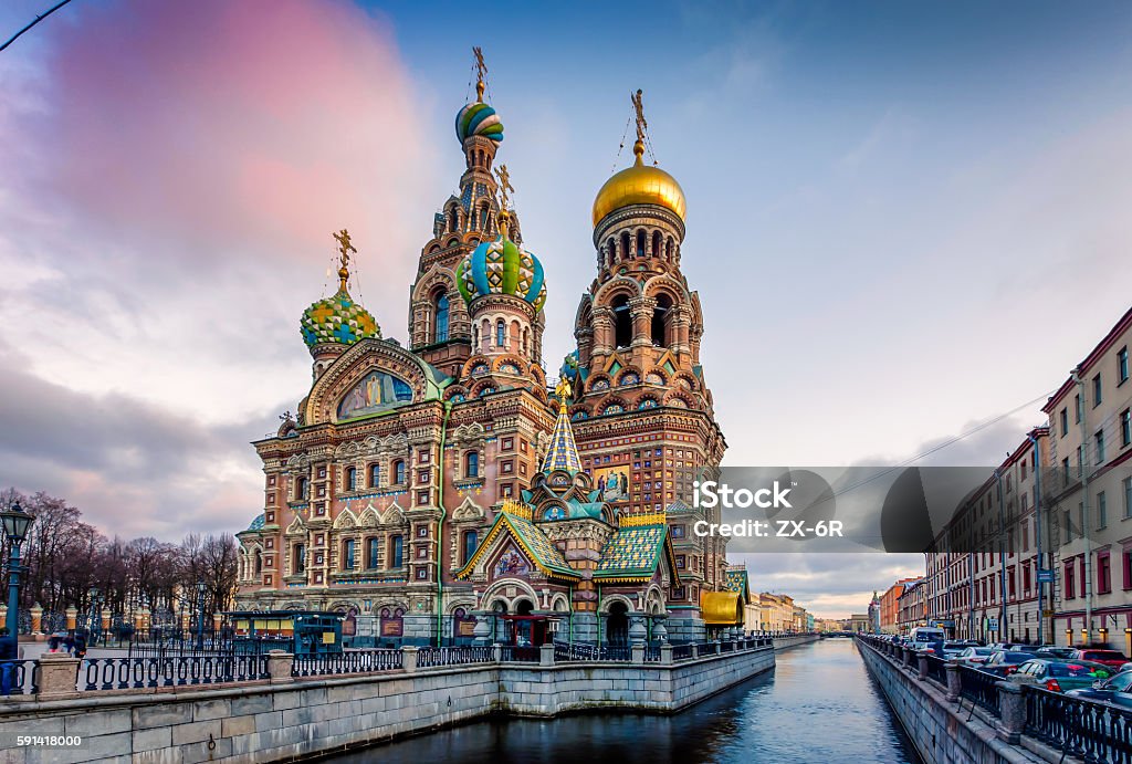 The Church of the Savior on Spilled Blood The Church of the Savior on Spilled Blood  is one of the main sights of St. Petersburg, Russia. Other names include the Church on Spilled Blood, the Temple of the Savior on Spilled Blood, and the Cathedral of the Resurrection of Christ.  This Church was built on the site where Emperor Alexander II was fatally wounded in March 1881.The church was built between 1883 and 1907. The construction was funded by the imperial family. St. Petersburg - Russia Stock Photo