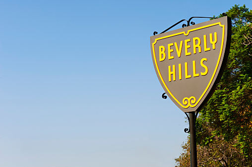 Beverly Hills, CA USA - August 18, 2016: The Beverly Hills shield on Santa Monica Boulevard. These shields are located around city line of Beverly Hills