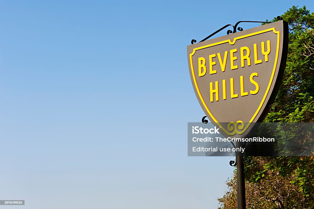 Beverly Hills shield Beverly Hills, CA USA - August 18, 2016: The Beverly Hills shield on Santa Monica Boulevard. These shields are located around city line of Beverly Hills Beverly Hills - California Stock Photo