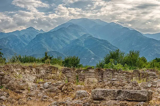 View of Mount Olympus and Ancient ruins of City of Dion, Macedonia, Greece.