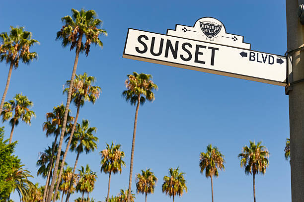 Sunset Boulevard Beverly Hills, CA USA - August 18, 2016: The Beverly Hills section of Sunset Boulevard features some of the nicest homes in Los Angeles County sunset strip stock pictures, royalty-free photos & images