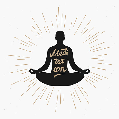 Illustration of a man meditating in the lotus position with sun rays monochrome. Vector illustration