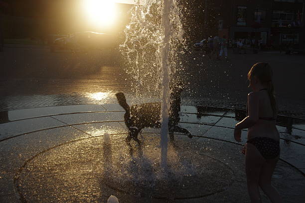 istock Playing with dog in the fountain 591425382