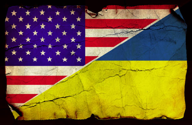 USA and Ukrainian flag stock photo
