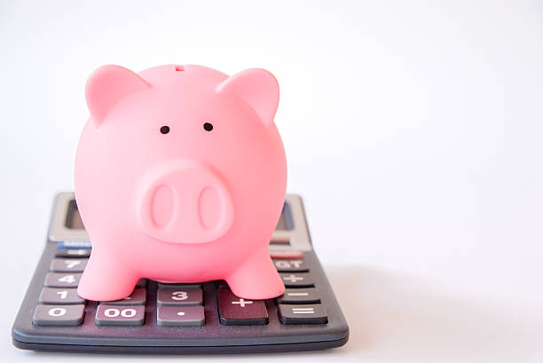 istock Piggy bank on a calculator 591425968
