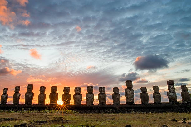 Sunrise on Easter Island A beautiful sunrise through the Moai of Ahu Tongariki on Easter Island. easter island stock pictures, royalty-free photos & images