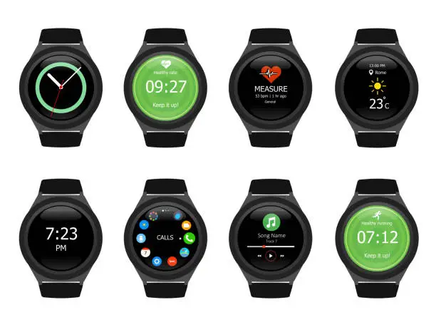 Vector illustration of Smart watches wearable collection computer new technology. Vector Illustration. White