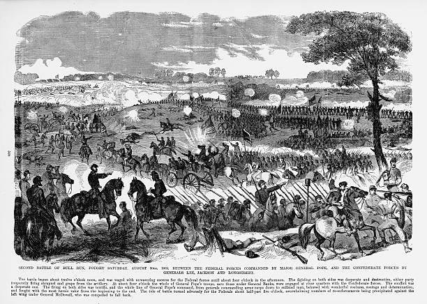 Second Battle of Bull Run, Manassas, Virginia, Civil War Engraving Engraving of the Second Battle of Bull Run, Manassas, Viginia, Saturday, August 30, 1862. Between the Federal forces commanded by Major General Pope and the Confederate Generals, Lee, Jackson and Longstreet, Civil War Engraving from "Famous Leaders and Battle Scenes of the Civil War," Published in 1864. Original edition from my own archives. Copyright has expired on this artwork. Digitally restored. manassas stock illustrations