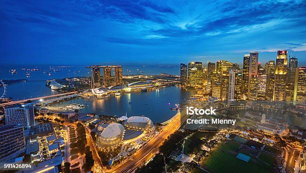Aerial View Singapore Marina Bay At Dusk Stock Photo - Download Image Now - Singapore City, Singapore, Urban Skyline