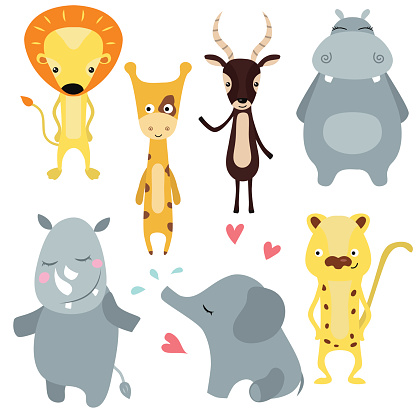 Set of different african animals on white background.