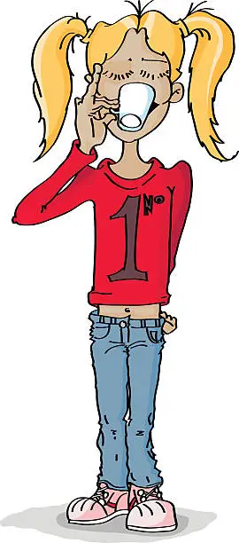 Vector illustration of Girl with red t-shirt sipping coffee with ponytails