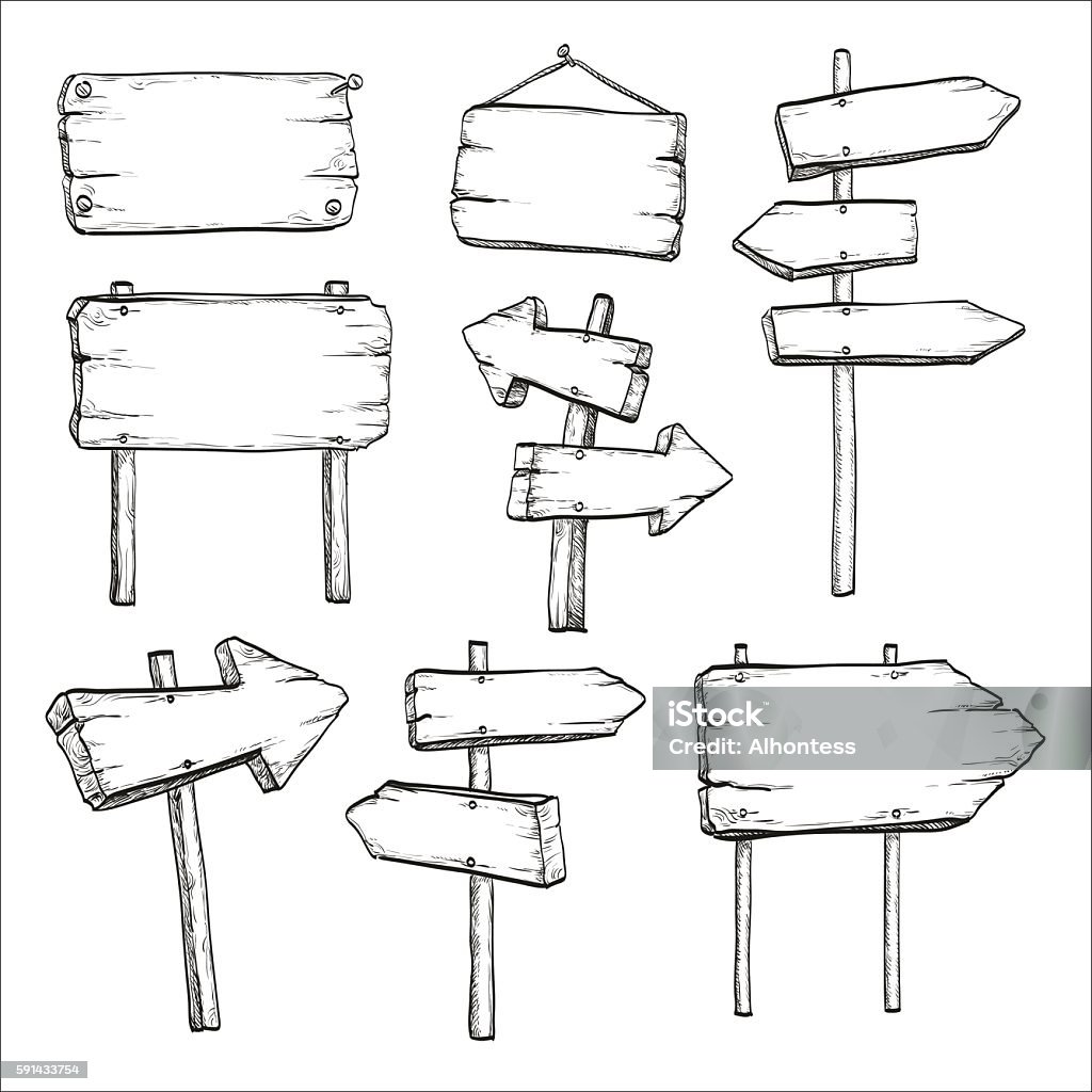 Sketch set of signposts and signboards. Sketch set of wooden signposts and signboards. Hand drawn vector illustration. Isolated on white background. Sign stock vector