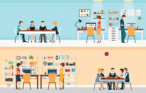 Office people with office desk Office people with office desk and Business meeting or teamwork, brainstorming in flat style vector illustration. corporate office cubicle stock illustrations