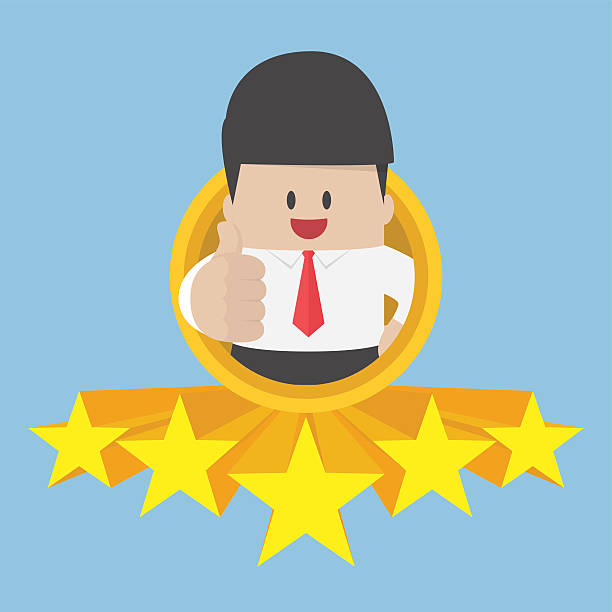 Businessman thumbs up with five star rating Businessman thumbs up with five star rating. best service and quality concept suitable upper stock illustrations