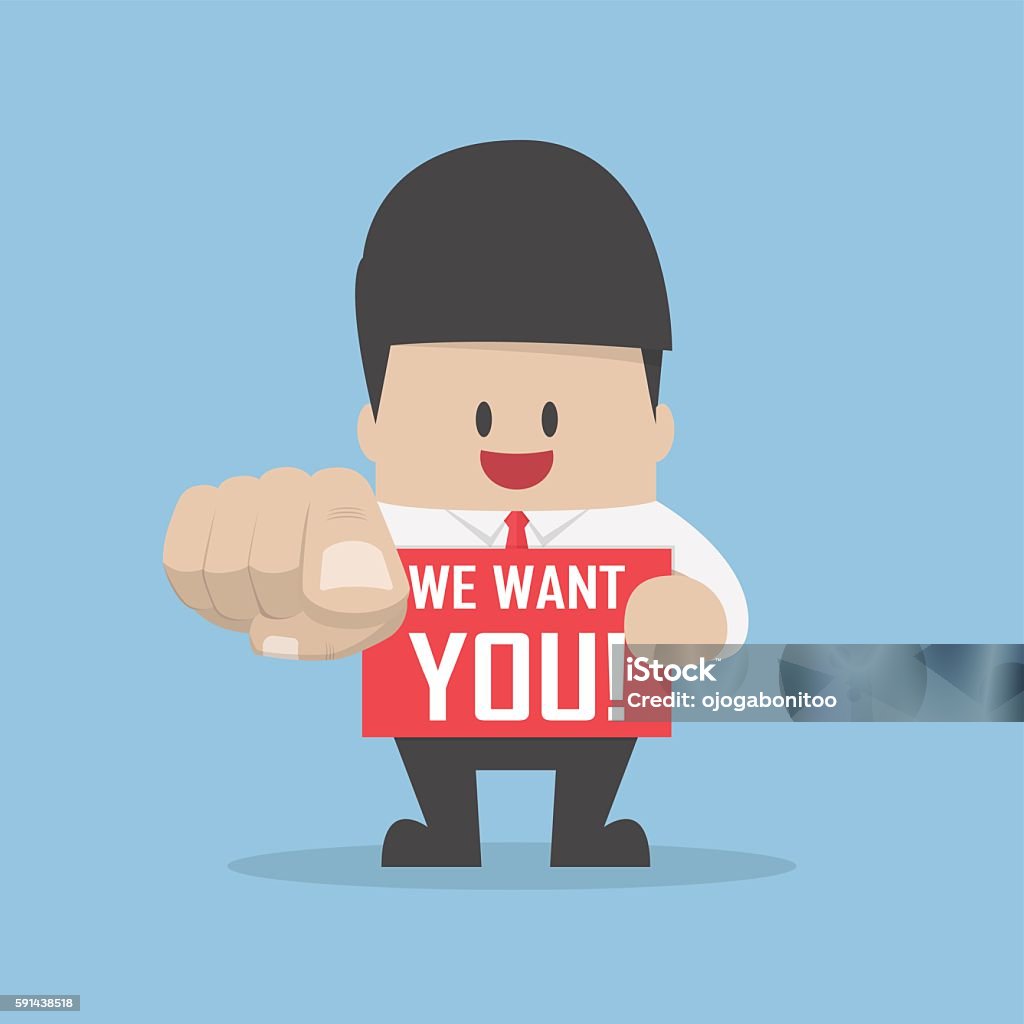 Businessman pointing finger towards you with word we want you Businessman pointing finger towards you with word we want you, we're hiring and recruitment concept Desire stock vector