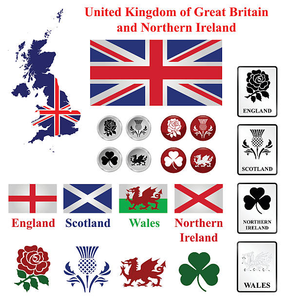 United Kingdom collection United Kingdom collection of map flags and national emblems of England Scotland Wales Northern Ireland isolated on white background welsh culture stock illustrations