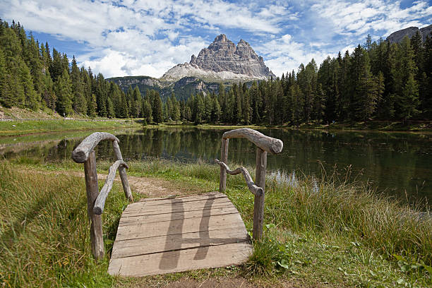 View of Monte Cristallo from the pond on the way up to the Tre Cime di Lavaredo. Sesto Dolomites. Alps.