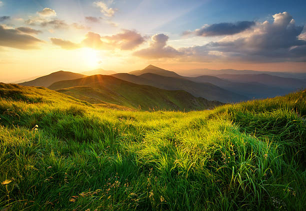 Mountain landscape Mountain valley during sunrise. Natural summer landscape mountain sunrise stock pictures, royalty-free photos & images