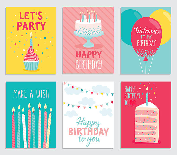 ilustraciones, imágenes clip art, dibujos animados e iconos de stock de juego de tarjetas de cumpleaños. - cupcake
