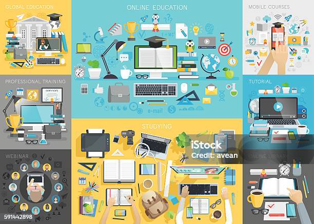 Online Education Set Stock Illustration - Download Image Now - Infographic, University, E-Learning