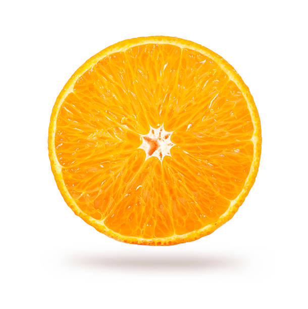 istock Fresh ripe half orange isolated on white background 591446318