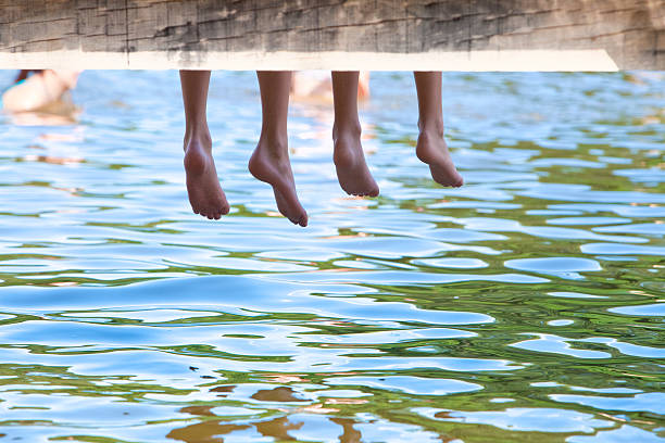 istock Boy´s Legs Dangling Down from Wooden Pier over Water 591448534