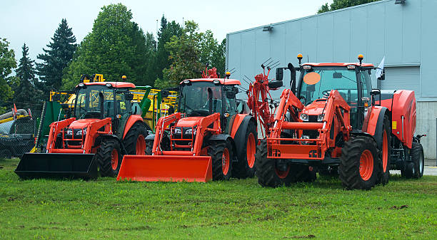 istock Agricultural machinery standing near hangar. 591448580