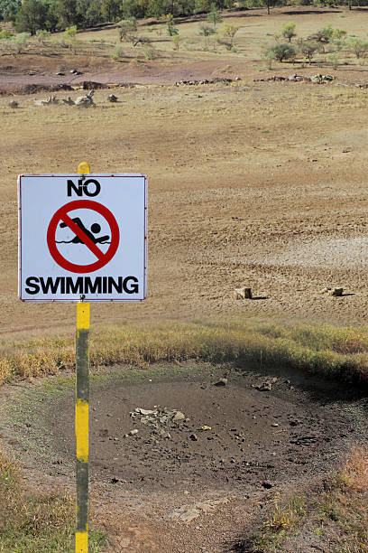 istock Signboard Danger No Swimming at a dry Water Pond 591782294